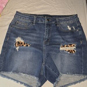 Judy Blue Dark Blue Distressed Jean Shorts Plus Size With animal Print cutouts